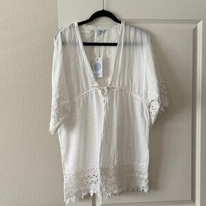 NWT Sz M Blue Island White Lace-Trimmed Cover-Up Tunic